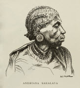 Andriana Sakalava / M.C. Mayor [del.].- Paris : Société des Missions évangéliques, 1933. - 1 dess. (ill. de livre) : grav., en noir ; 7,8 x 6,5 cm (im.), 25 x 16 cm (f.).<br />
Dans : "Un petit continent : Madagascar" / H. Rusillon, 2e éd., p. 87